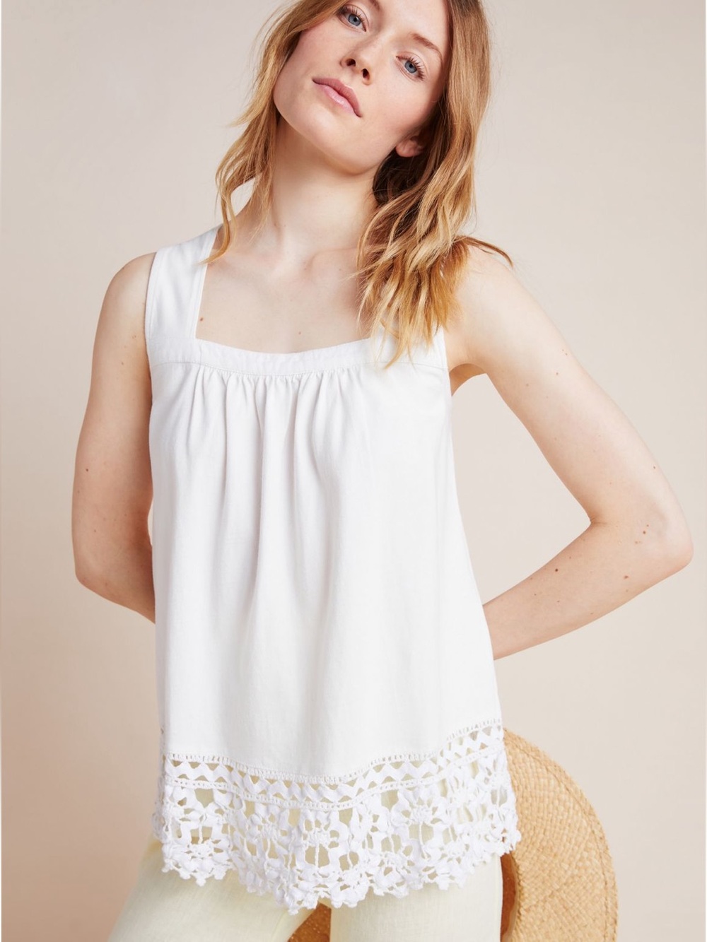Anthropologie White Crochet-Hem Square-Neck Tank
